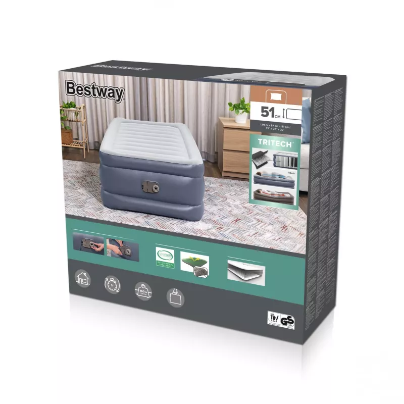Bestway Tritech Luftmatratze Twin mit integrierter AC-Pumpe und antimikrobieller Beschichtung 1,91 m x 97 cm x 51 cm