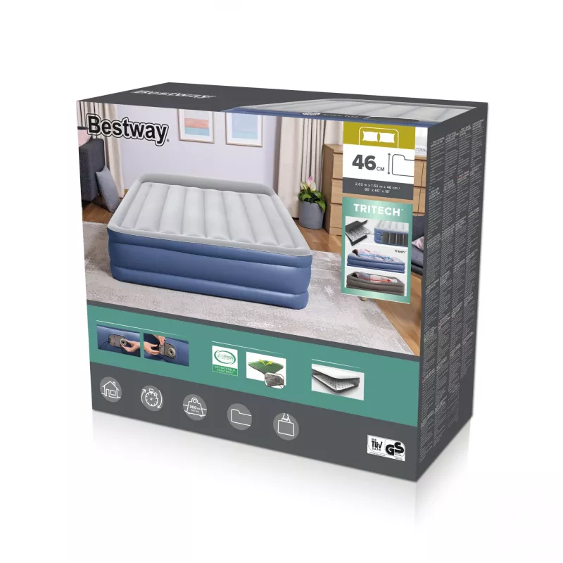 Bestway Tritech Luftbett Queen mit integrierter AC-Pumpe und antimikrobieller Beschichtung 2,03 m x 1,52 m x 46 cm