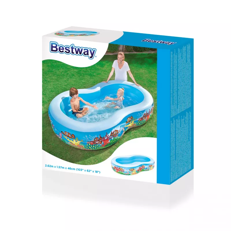 Bestway Aufblasbarer Familienplanschpool 2,62 m x 1,57 m x 46 cm, Aufblasbarer Pool, 544 L, Rechteckig, Vinyl, Mehrfarbig
