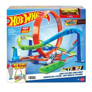 Hot Wheels Action Loop Cyclone Challenge Track Set mit Spielzeugauto im Maßstab 1:64, einfache Aufbewahrung