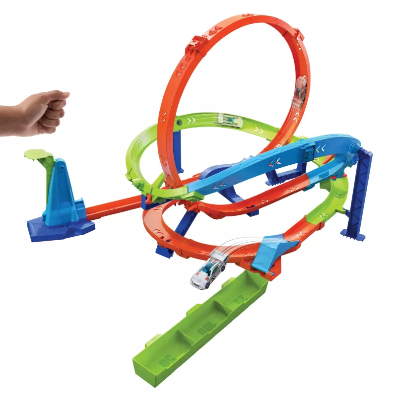 Hot Wheels Action Loop Cyclone Challenge Track Set mit Spielzeugauto im Maßstab 1:64, einfache Aufbewahrung