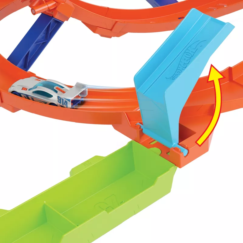 Hot Wheels Action Loop Cyclone Challenge Track Set mit Spielzeugauto im Maßstab 1:64, einfache Aufbewahrung