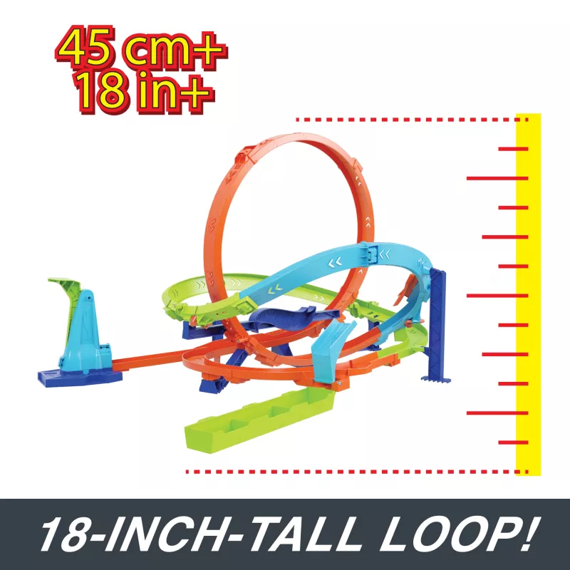 Hot Wheels Action Loop Cyclone Challenge Track Set mit Spielzeugauto im Maßstab 1:64, einfache Aufbewahrung