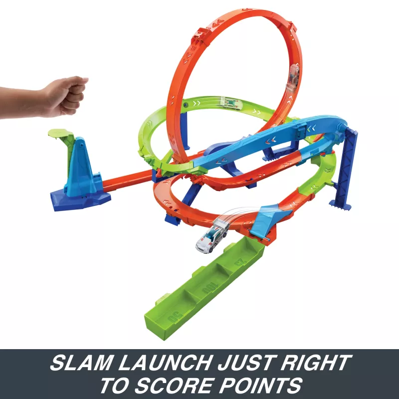 Hot Wheels Action Loop Cyclone Challenge Track Set mit Spielzeugauto im Maßstab 1:64, einfache Aufbewahrung