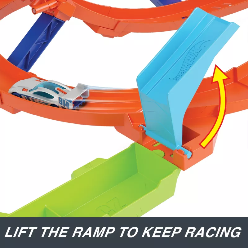 Hot Wheels Action Loop Cyclone Challenge Track Set mit Spielzeugauto im Maßstab 1:64, einfache Aufbewahrung