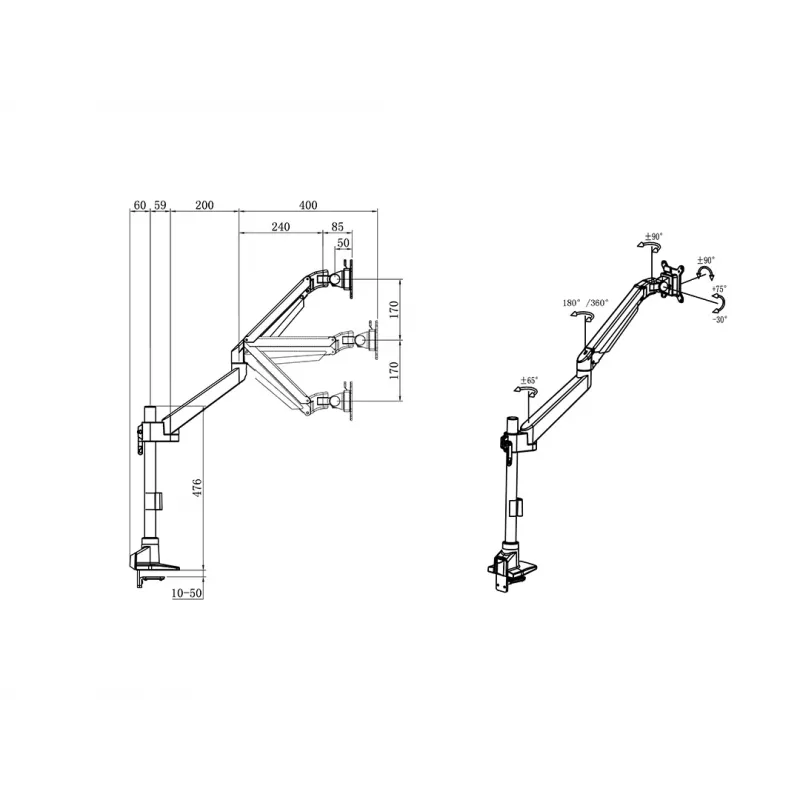 Multibrackets M VESA Gas Lift Arm Single Pole, Klemme, 10 kg, 38,1 cm (15 Zoll), 81,3 cm (32 Zoll), 100 x 100 mm, Schwarz