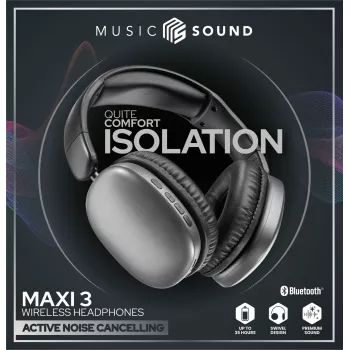 Music Sound MAXI3 MAXI3 kabellose Over-Ear-Kopfhörer mit aktiver Geräuschunterdrückung: immersives und ablenkungsfreies Hörerlebnis, bis zu 35 Stunden Akkulaufzeit. Modernes Design, Komfort, Stil und kraftvoller, revolutionärer Klang.