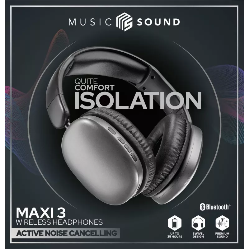 Music Sound MAXI3 MAXI3 kabellose Over-Ear-Kopfhörer mit aktiver Geräuschunterdrückung: immersives und ablenkungsfreies Hörerlebnis, bis zu 35 Stunden Akkulaufzeit. Modernes Design, Komfort, Stil und kraftvoller, revolutionärer Klang.
