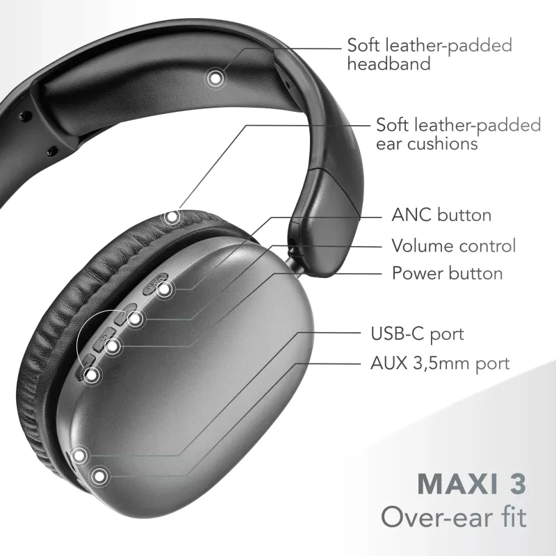 Music Sound MAXI3 MAXI3 kabellose Over-Ear-Kopfhörer mit aktiver Geräuschunterdrückung: immersives und ablenkungsfreies Hörerlebnis, bis zu 35 Stunden Akkulaufzeit. Modernes Design, Komfort, Stil und kraftvoller, revolutionärer Klang.