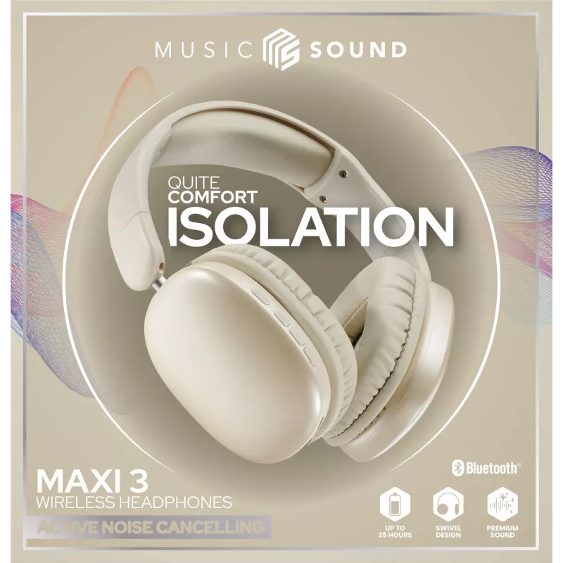 Music Sound MAXI3 MAXI3 kabellose Over-Ear-Kopfhörer mit aktiver Geräuschunterdrückung: immersives und ablenkungsfreies Hörerlebnis, bis zu 35 Stunden Akkulaufzeit. Modernes Design, Komfort, Stil und kraftvoller, revolutionärer Klang.