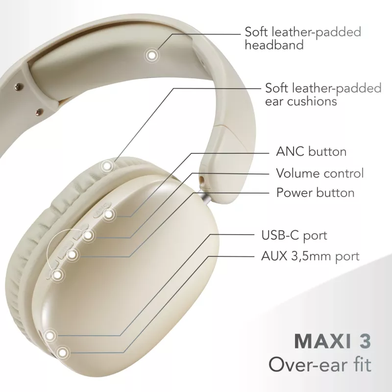 Music Sound MAXI3 MAXI3 kabellose Over-Ear-Kopfhörer mit aktiver Geräuschunterdrückung: immersives und ablenkungsfreies Hörerlebnis, bis zu 35 Stunden Akkulaufzeit. Modernes Design, Komfort, Stil und kraftvoller, revolutionärer Klang.