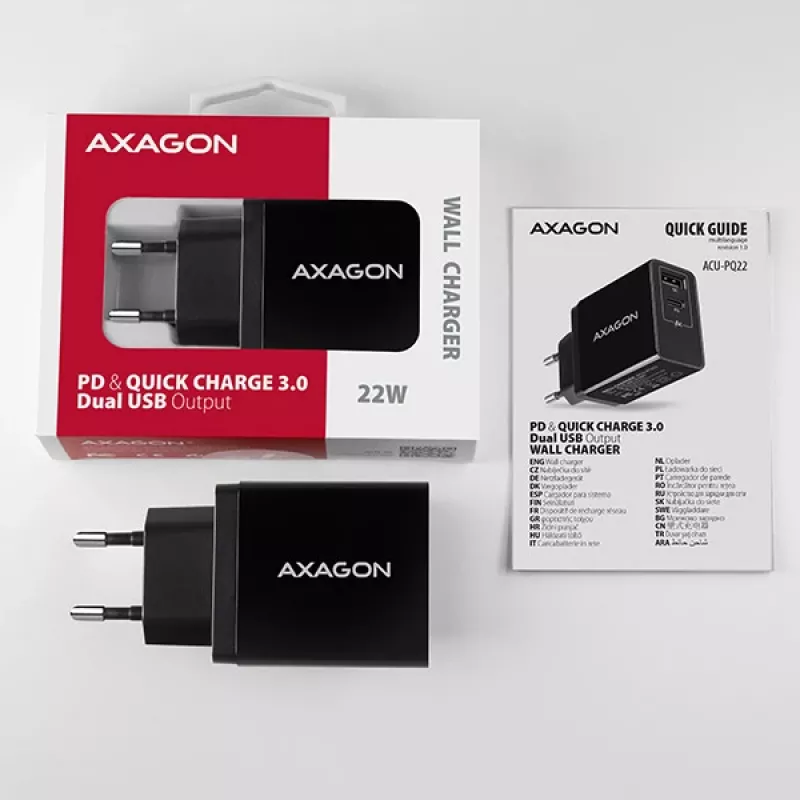 Axagon ACU-PQ22 Ladegerät für Mobilgeräte Mobiltelefon, Powerbank, Smartphone, Smartwatch, Tablet, Universal Schwarz AC Schnellladung Indoor