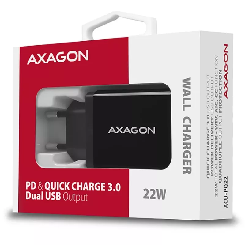 Axagon ACU-PQ22 Ladegerät für Mobilgeräte Mobiltelefon, Powerbank, Smartphone, Smartwatch, Tablet, Universal Schwarz AC Schnellladung Indoor