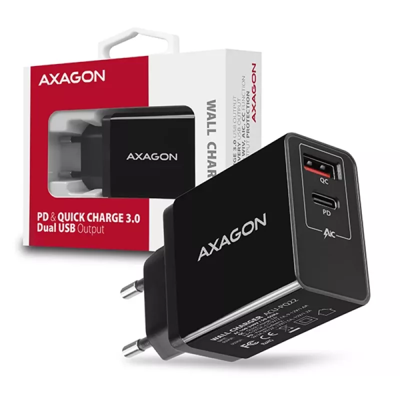 Axagon ACU-PQ22 Ladegerät für Mobilgeräte Mobiltelefon, Powerbank, Smartphone, Smartwatch, Tablet, Universal Schwarz AC Schnellladung Indoor
