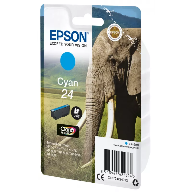 Epson Elephant Einzelpackung Cyan 24 Claria Photo HD Tinte, Cyan, 4,6 ml, 1 Stk., 360 Seiten