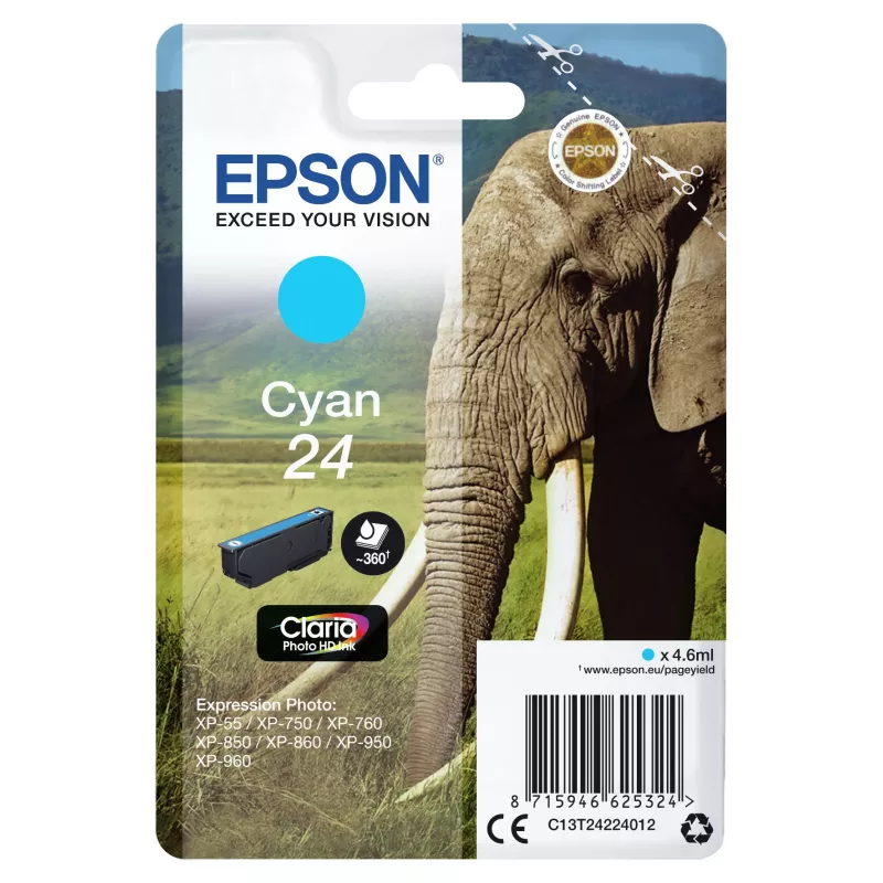 Epson Elephant Einzelpackung Cyan 24 Claria Photo HD Tinte, Cyan, 4,6 ml, 1 Stk., 360 Seiten