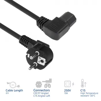 ACT Stromkabel Netzstecker CEE7/7 Stecker (gewinkelt) - C15 (gewinkelt links) IEC60320 schwarz 2 m