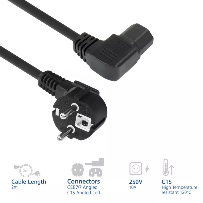 ACT Stromkabel Netzstecker CEE7/7 Stecker (gewinkelt) - C15 (gewinkelt links) IEC60320 schwarz 2 m