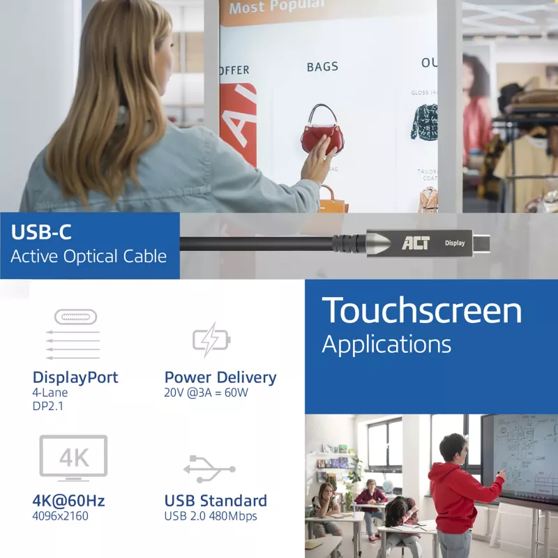ACT USB-C 3.2 Gen2 Aktives Optisches Kabel (AOC), für Touchpanels, Video, Daten, Strom, 3 m