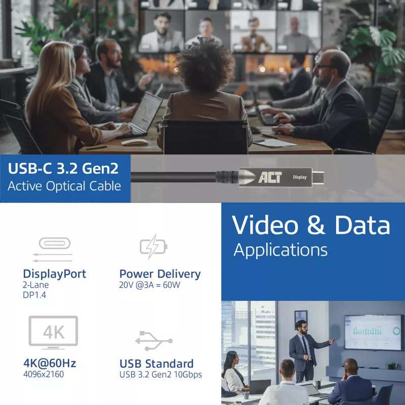 ACT USB-C 3.2 Gen2 Aktives Optisches Kabel (AOC), für Touchpanels, Video, Daten, Strom, 3 m