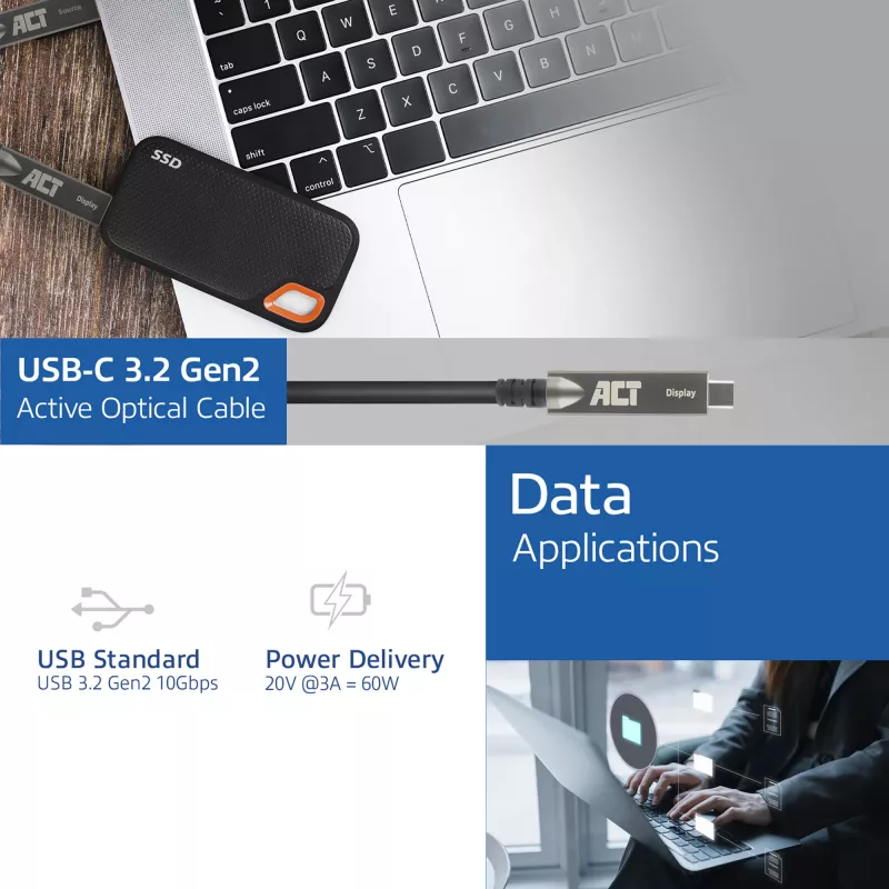 ACT USB-C 3.2 Gen2 Aktives Optisches Kabel (AOC), für Touchpanels, Video, Daten, Strom, 3 m