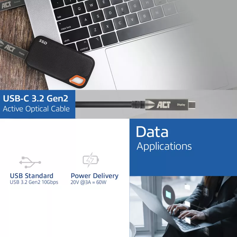 ACT USB-C 3.2 Gen2 Aktives Optisches Kabel (AOC), für Touchpanels, Video, Daten, Strom, 5m