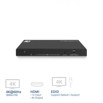ACT 4K HDMI-Splitter, 1 auf 4, EDID-Unterstützung, HDMI, 4x HDMI, 3840 x 2160 Pixel, Schwarz, 4K Ultra HD, 10,2 Gbit/s