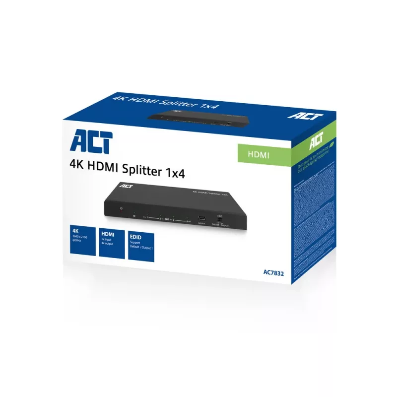 ACT 4K HDMI-Splitter, 1 auf 4, EDID-Unterstützung, HDMI, 4x HDMI, 3840 x 2160 Pixel, Schwarz, 4K Ultra HD, 10,2 Gbit/s