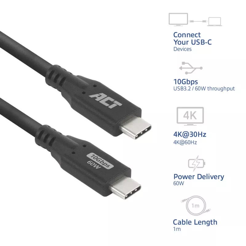 ACT USB 3.0 10Gbps 60W USB Typ-C-Kabel, 1 Meter, 1 m, USB C, USB C, USB 3.2 Gen 2 (3.1 Gen 2), 10 Gbit/s, Schwarz