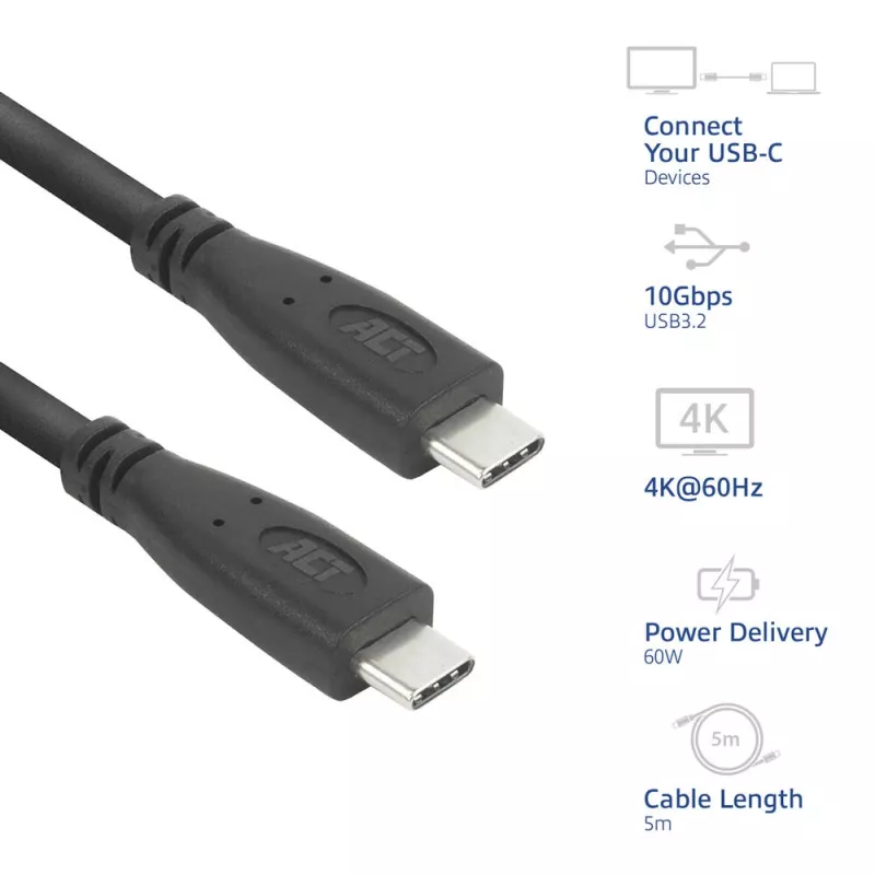 ACT AC7445 USB-Kabel USB 3.2 Gen 2 (3.1 Gen 2) 5 m USB C 10 Gbit/s 60 W Schwarz