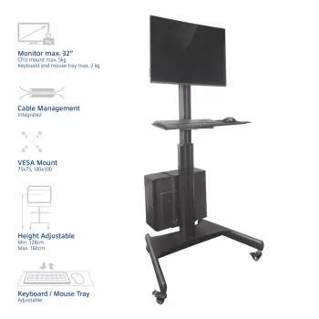 ACT Mobile Workstation für einen Monitor, mit CPU-Halterung, Tastatur- und Mausablage