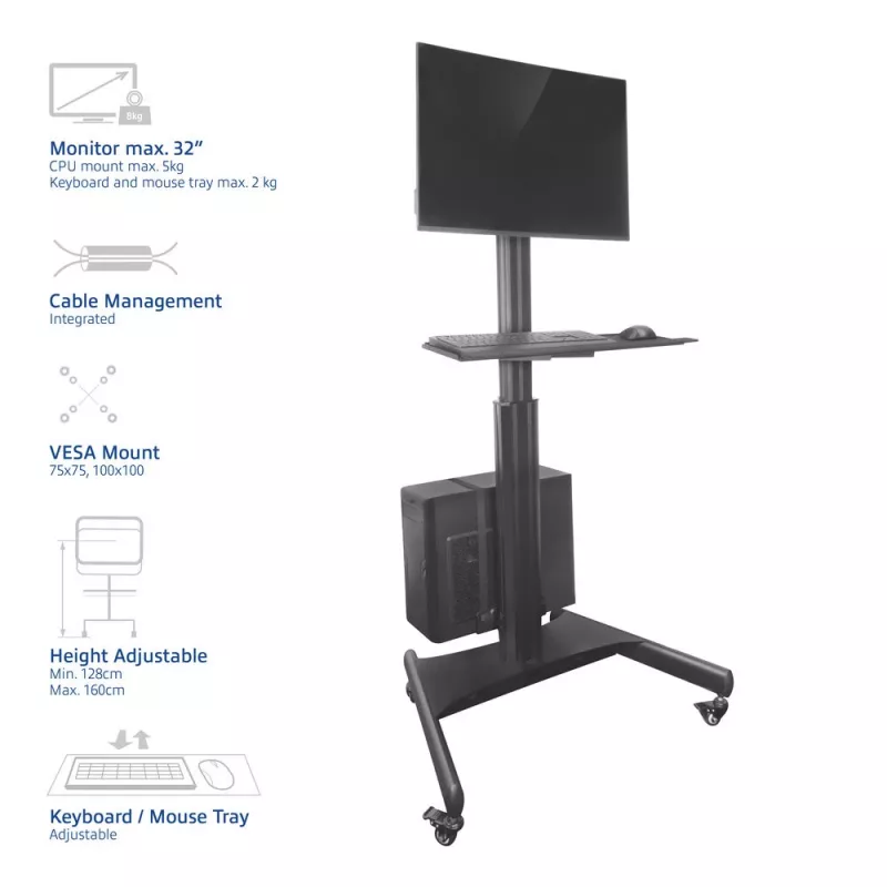 ACT Mobile Workstation für einen Monitor, mit CPU-Halterung, Tastatur- und Mausablage