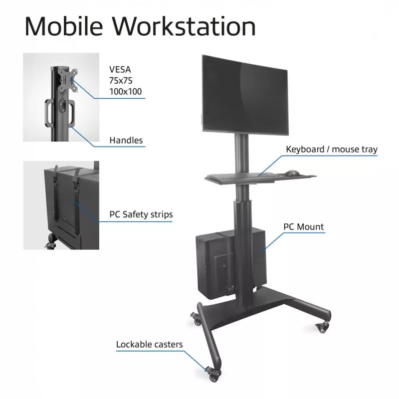 ACT Mobile Workstation für einen Monitor, mit CPU-Halterung, Tastatur- und Mausablage