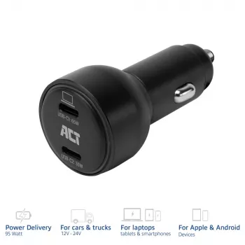 ACT 2-Port USB-C Schnelllade-Autoladegerät 95W mit Power Delivery PPS, Quick Charge und GaNFast