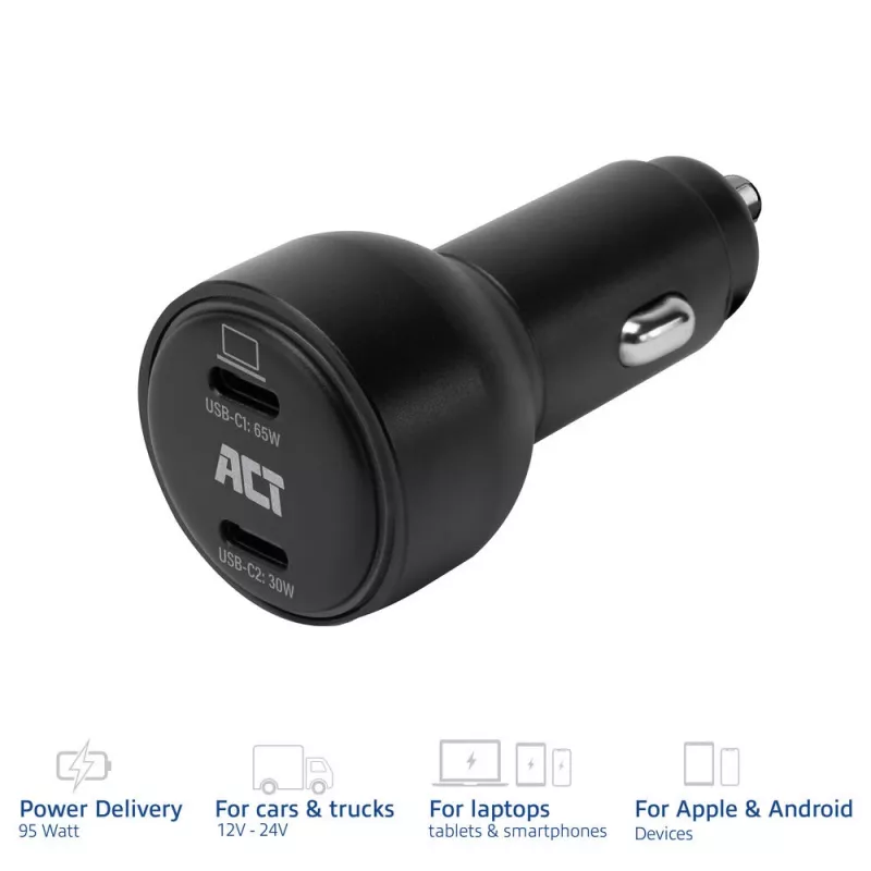 ACT 2-Port USB-C Schnelllade-Autoladegerät 95W mit Power Delivery PPS, Quick Charge und GaNFast