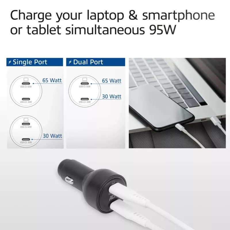 ACT 2-Port USB-C Schnelllade-Autoladegerät 95W mit Power Delivery PPS, Quick Charge und GaNFast