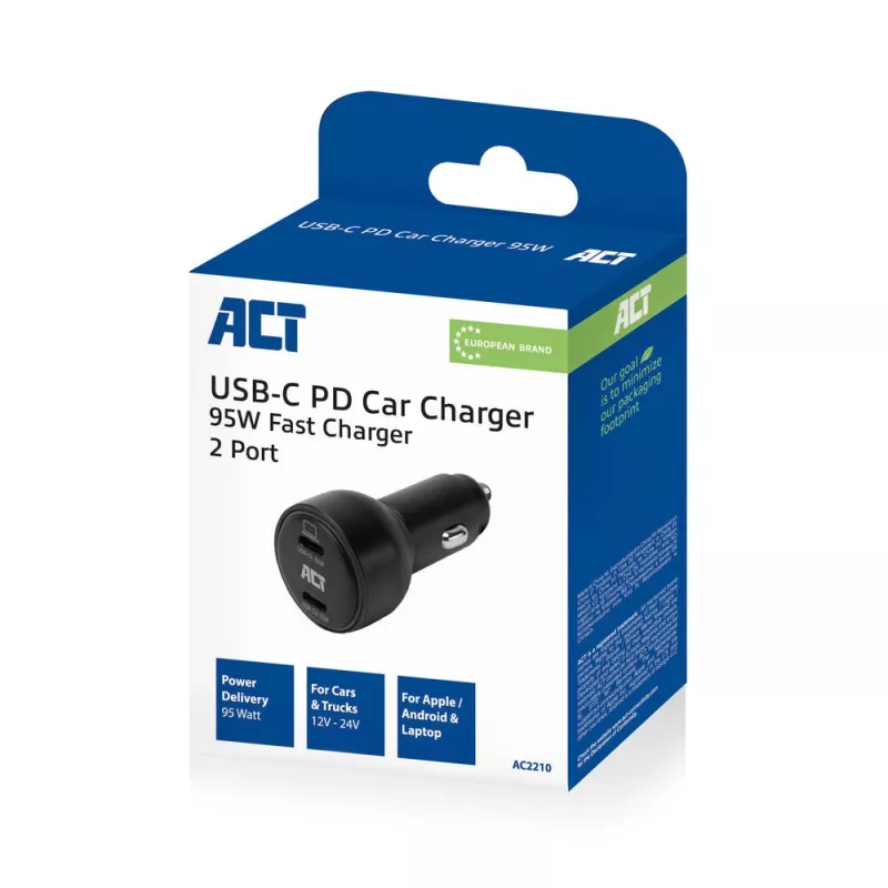 ACT 2-Port USB-C Schnelllade-Autoladegerät 95W mit Power Delivery PPS, Quick Charge und GaNFast