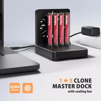 AXAGON ADSA-M2C44 USB4 40Gbps 4-Bay M.2 NVMe SSD Docking Station mit Offline-Klonfunktion, Aluminium, aktive Kühlung