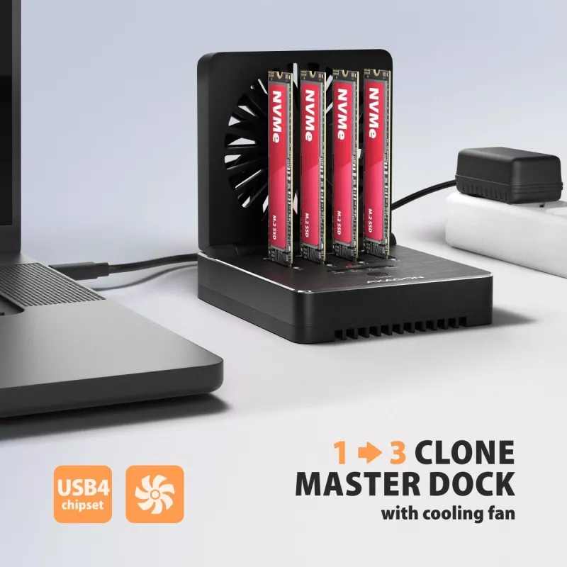 AXAGON ADSA-M2C44 USB4 40Gbps 4-Bay M.2 NVMe SSD Docking Station mit Offline-Klonfunktion, Aluminium, aktive Kühlung