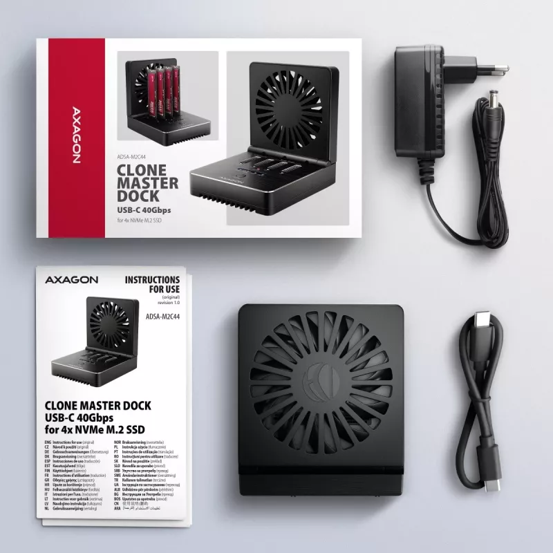 AXAGON ADSA-M2C44 USB4 40Gbps 4-Bay M.2 NVMe SSD Docking Station mit Offline-Klonfunktion, Aluminium, aktive Kühlung