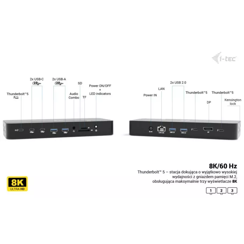 i-tec TB5 Triple Display Docking Station, 2x Thunderbolt 5, DP 2.1, 6x USB, M.2 NVMe-Steckplatz, 2,5G LAN, SD/microSD, Audio, PD 140W