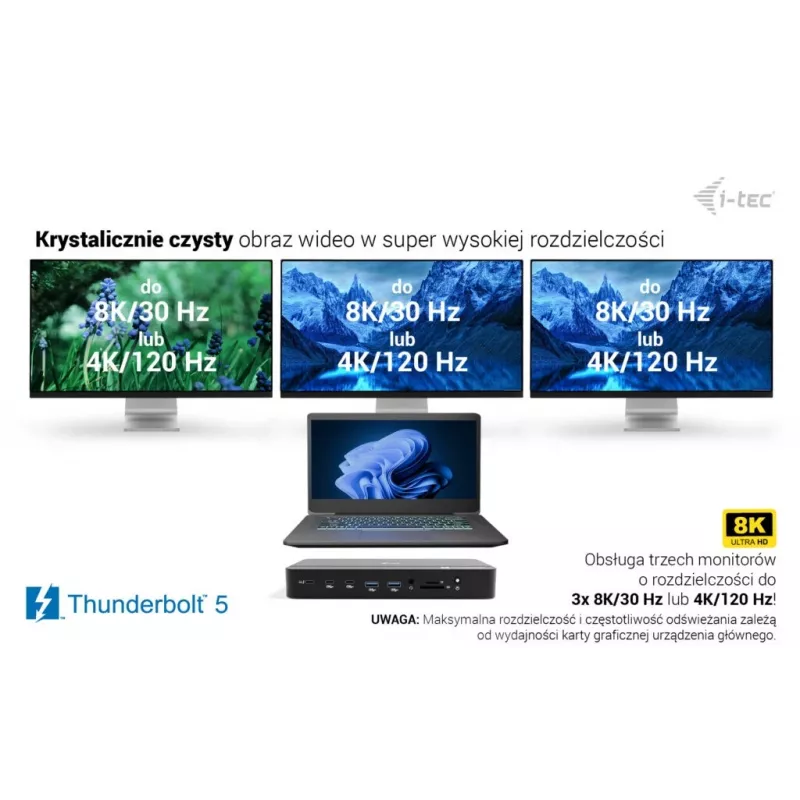 i-tec TB5 Triple Display Docking Station, 2x Thunderbolt 5, DP 2.1, 6x USB, M.2 NVMe-Steckplatz, 2,5G LAN, SD/microSD, Audio, PD 140W