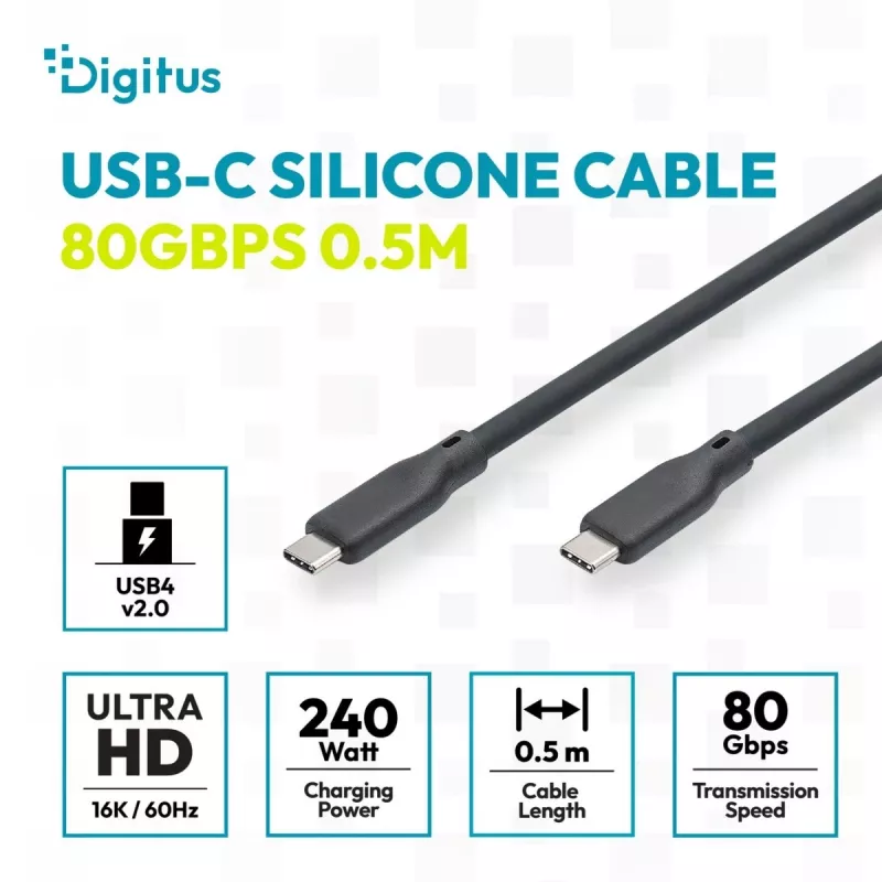 DIGITUS USB4 Version 2.0 Silicone Cable USB-C auf USB-C 80Gbps 240W 16K 0,5m Schwarz AK-300350-005-S