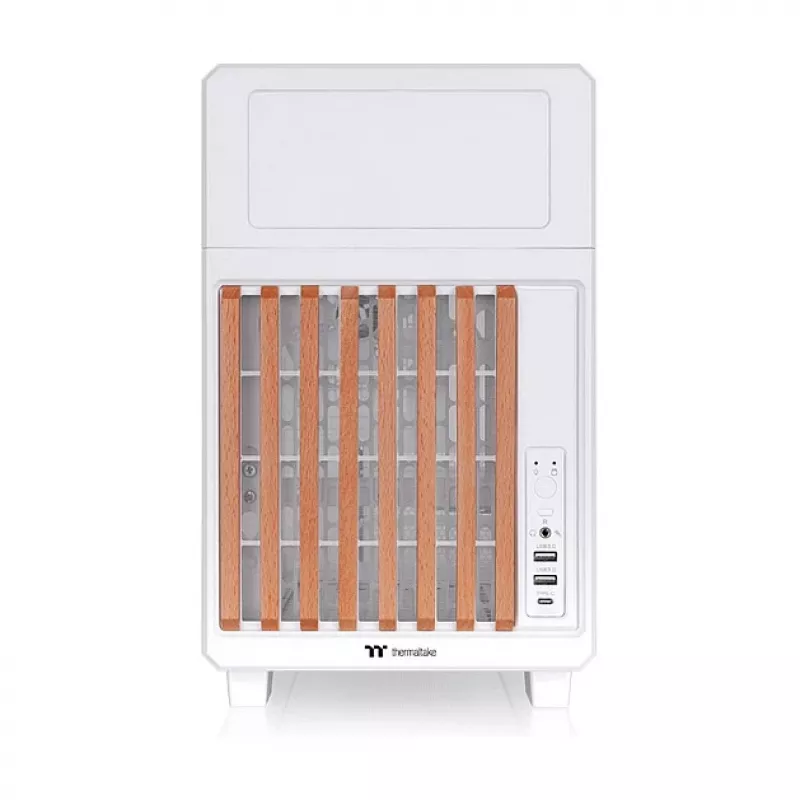 Thermaltake TR200 WS Snow White — Micro-ATX PC-Gehäuse, Mesh mit Echtholz-Frontblende, 1x 120-mm-Lüfter, USB-C, 360-mm-Radiator / 365-mm-GPU-Unterstützung