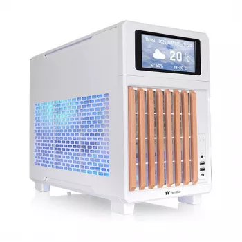 Thermaltake TR200 WS Snow White — Micro-ATX PC-Gehäuse, Mesh mit Echtholz-Frontblende, 1x 120-mm-Lüfter, USB-C, 360-mm-Radiator / 365-mm-GPU-Unterstützung