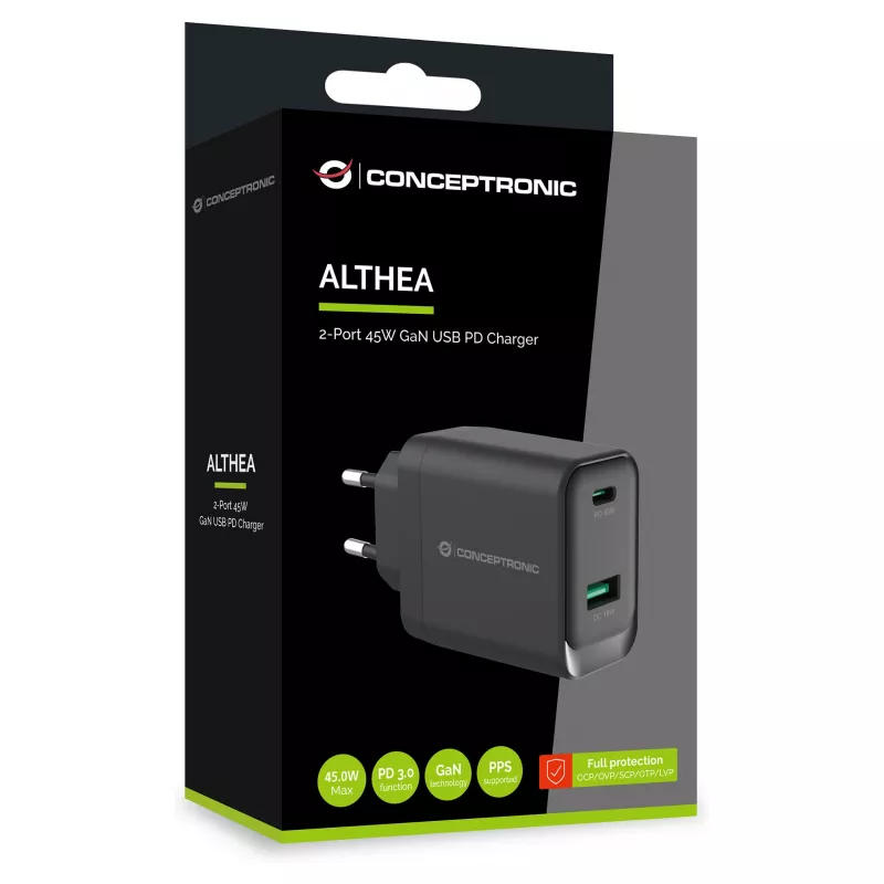 Conceptronic ALTHEA20B45 45W GaN USB-C PD & USB-A QC 3.0 Dual-Port Wandladegerät Schwarz