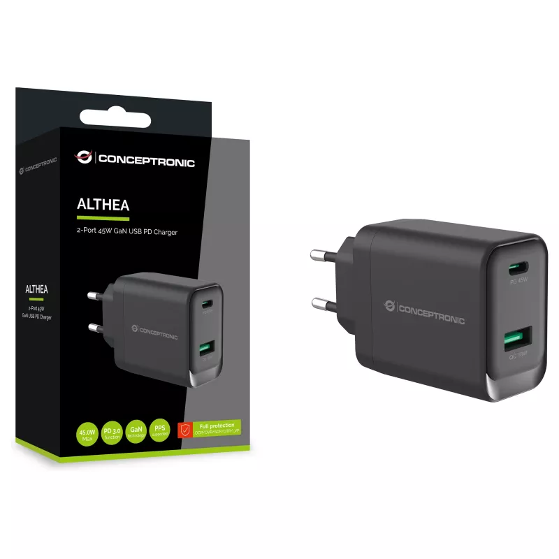 Conceptronic ALTHEA20B45 45W GaN USB-C PD & USB-A QC 3.0 Dual-Port Wandladegerät Schwarz