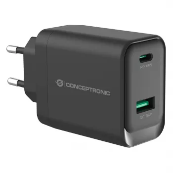 Conceptronic ALTHEA20B45 45W GaN USB-C PD & USB-A QC 3.0 Dual-Port Wandladegerät Schwarz