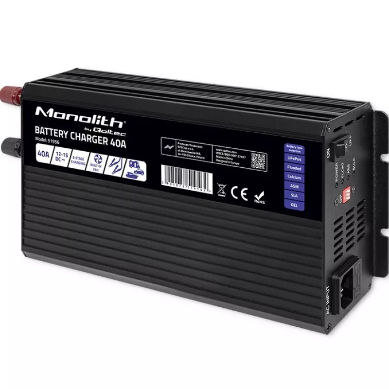 Qoltec Intelligent Professional Monolith Batterieladegerät für LiFePO4 AGM GEL SLA Batterien | 40A | 12V