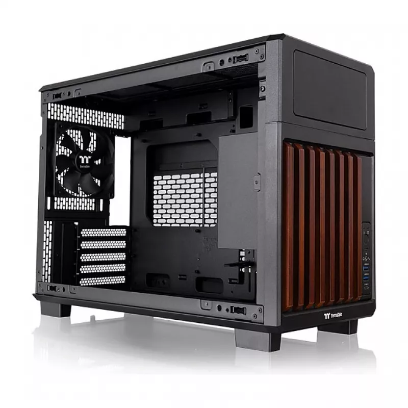 Thermaltake TR200 WS Super Mini Tower Gehäuse, Schwarz/Holz, gehärtetes Glas